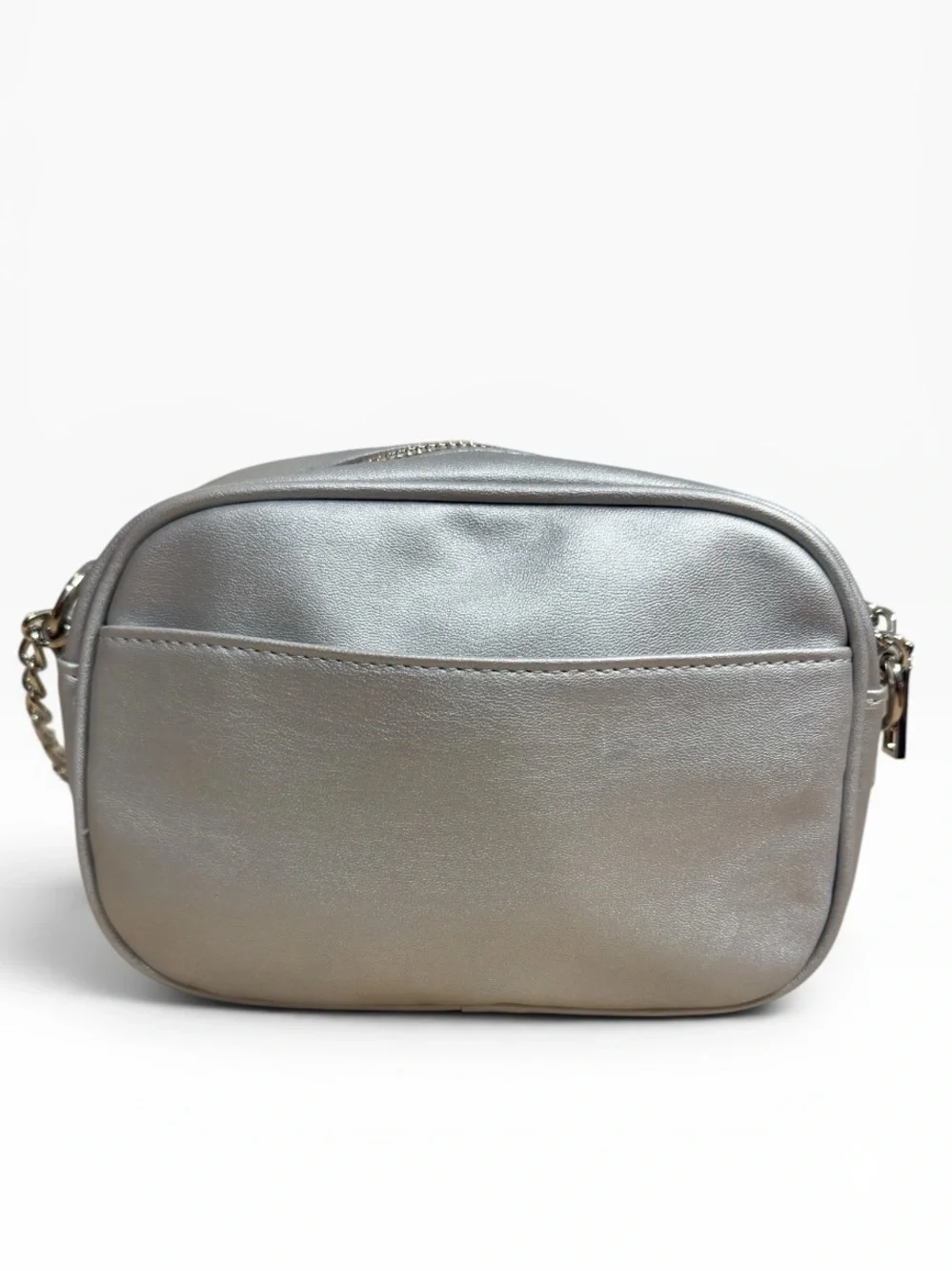 Badgley Mischka Metallic Gray Quilted Camera Bag Chevron Chain Strap New